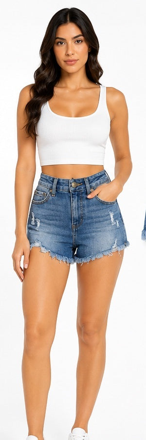 HIGH-WAISTED DISTRESSED DENIM SHORTS