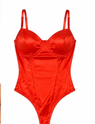 ORANGE NEON SATIN CORSET BODYSUIT