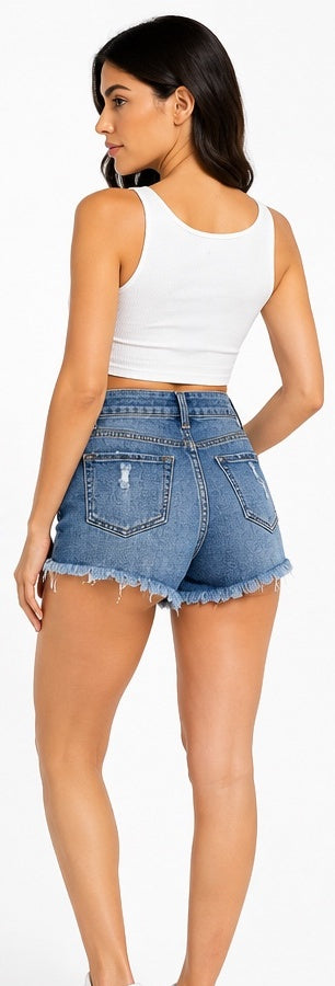 HIGH-WAISTED DISTRESSED DENIM SHORTS