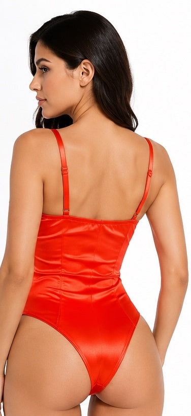 ORANGE NEON SATIN CORSET BODYSUIT