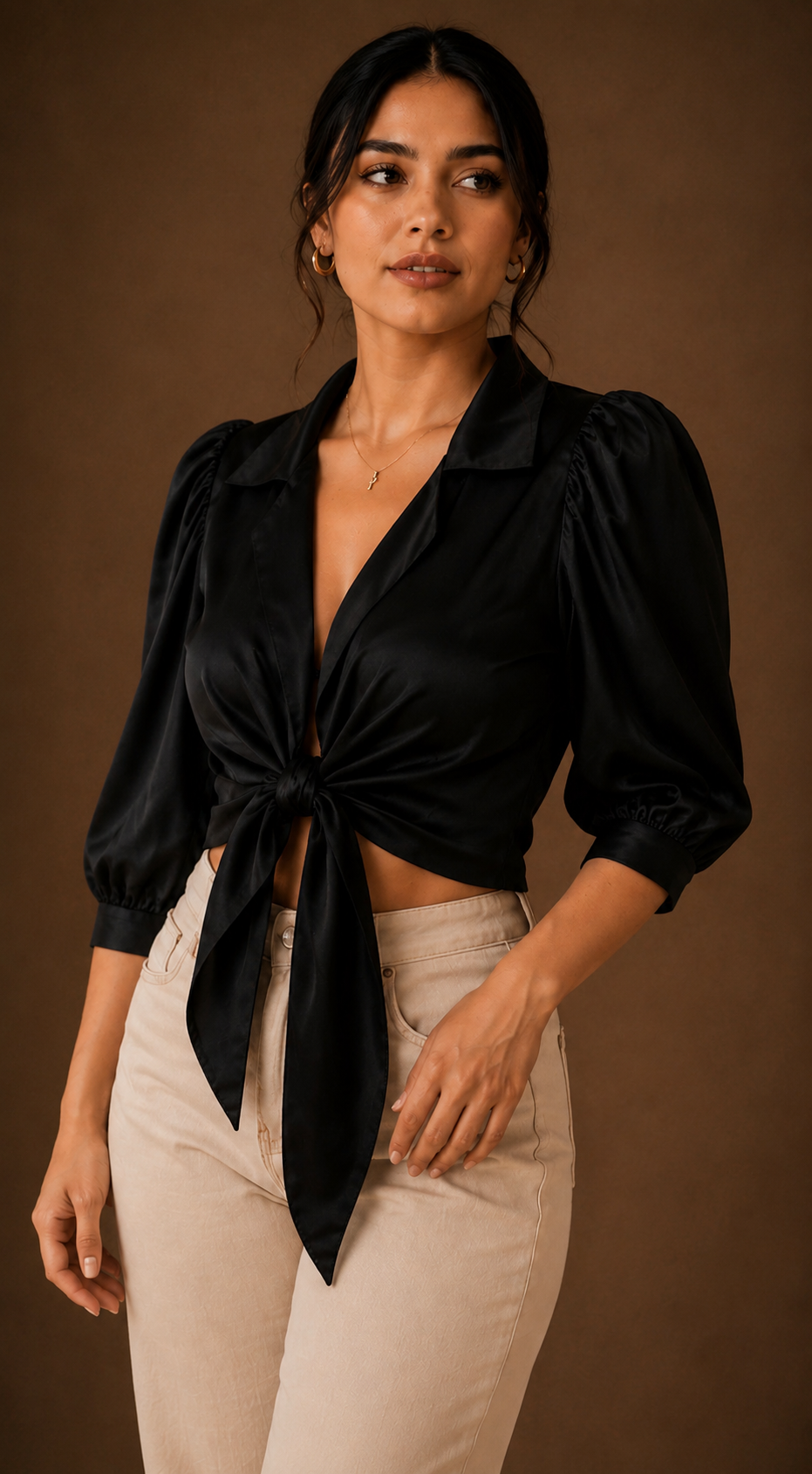 MIDNIGHT ELEGANCE TIE-FRONT BLOUSE